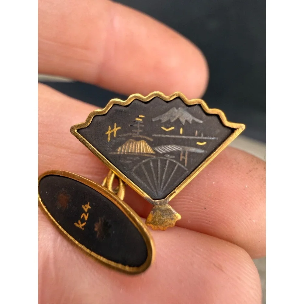 Vintage Japanese Damascene Cufflinks Set of 3 Gold Tone